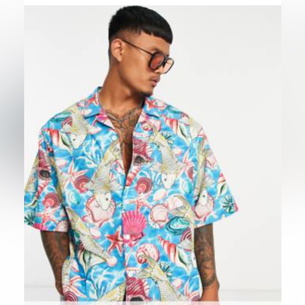 ASOS Design Drop Shoulder Oversized Camp Collar Shirt in Multicolor Shell Print